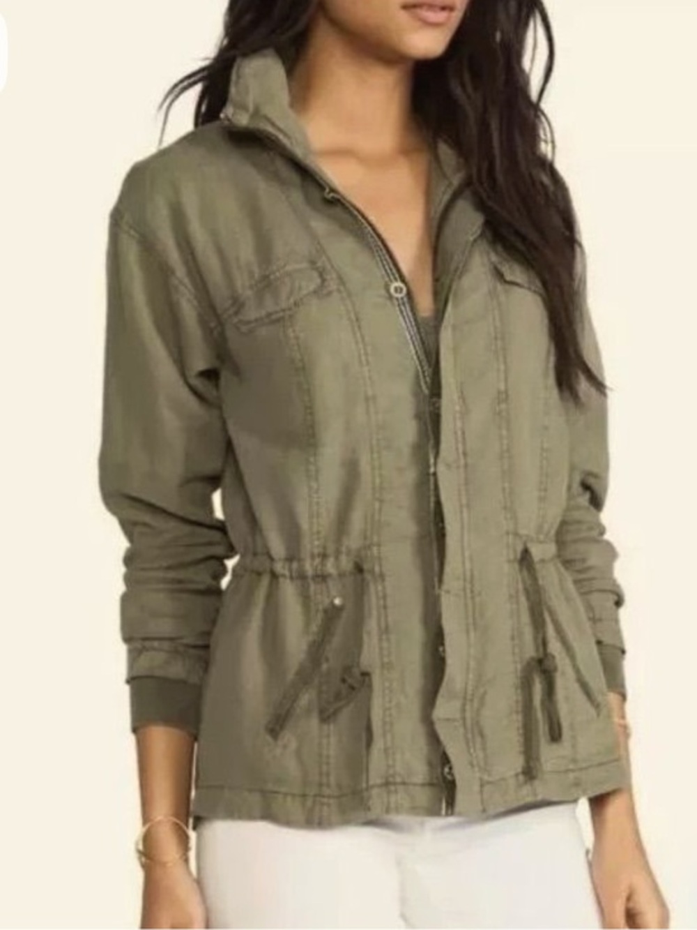 ANTHROPOLOGIE MICHAEL STARS S Green Utility Jacket Drawstring Waist 100% Linen